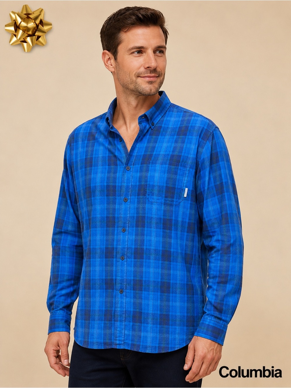 Columbia Blue Plaid Cotton Stretch Button-Down Shirt Large